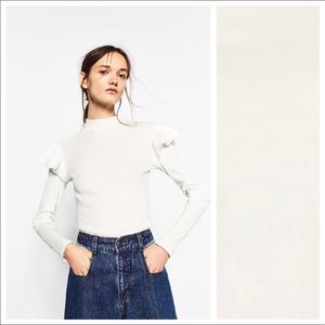 NWT. Zara White Long Sleeve Frill Top. Size L.